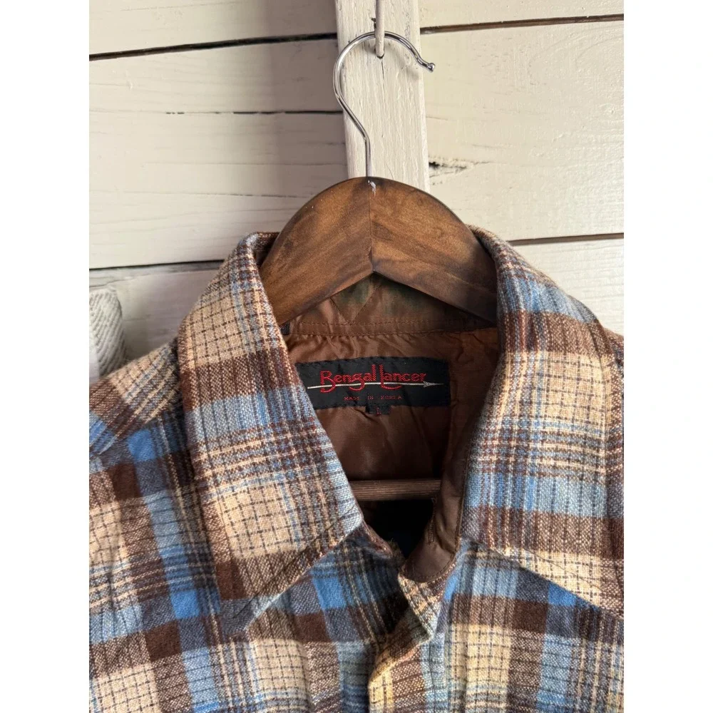 Vintage Bengal Lancer Men Quilted Flannel Shirt Jacket Blue Brown Plaid Large
